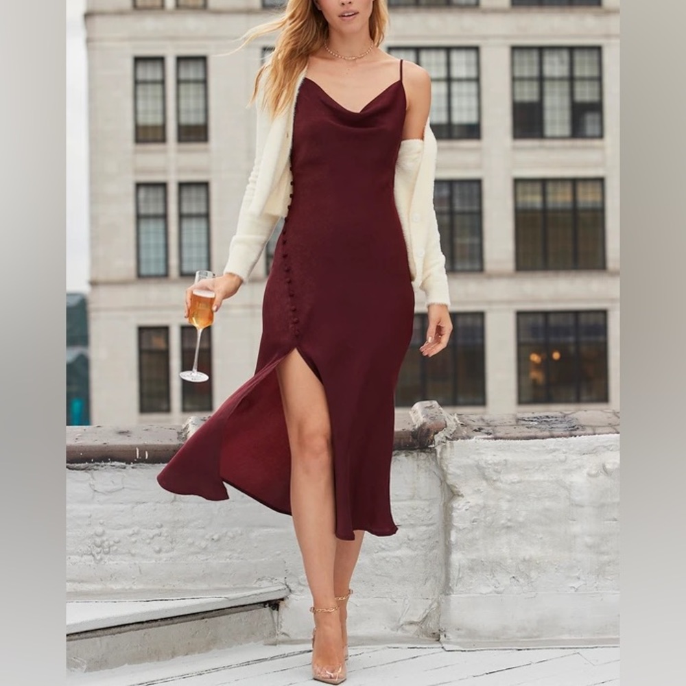 Lulus - Slinking Out Loud Burgundy Satin Side Button Slip Dress - NWT - Size S